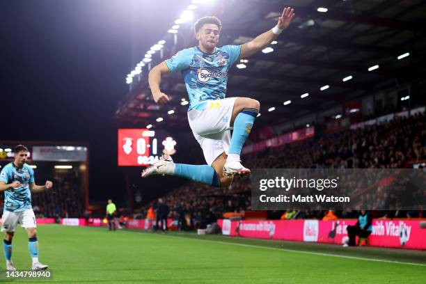 Che Adams of Southampton celebrates after putting Southampton 1-0 up during the Premier League match between AFC Bournemouth and Southampton FC at...