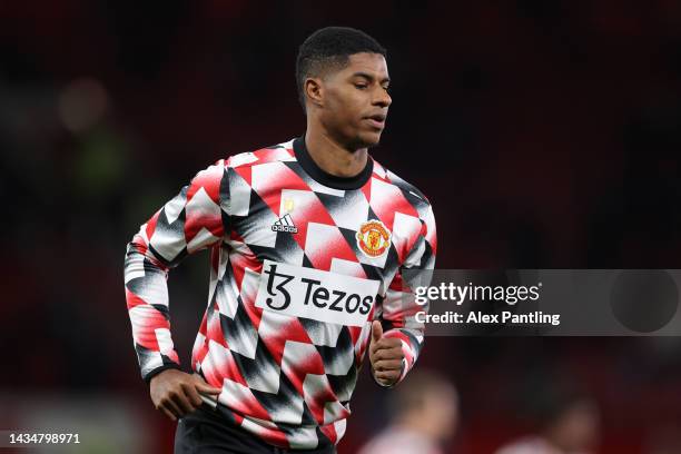 Marcus Rashford of Manchester United warms up prior to the Premier League match between Manchester United and Tottenham Hotspur at Old Trafford on...