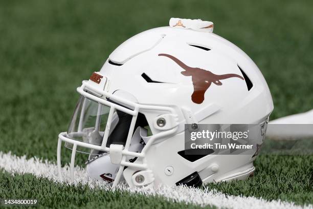 Texas Longhorns helmet is seen on the turf before the game against the Iowa State Cyclones at Darrell K Royal-Texas Memorial Stadium on October 15,...