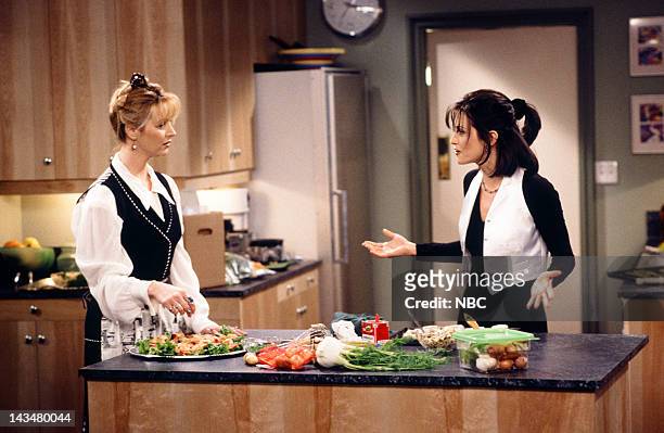 The One Where Ross and Rachel... You Know" Episode 15 -- Air Date -- Pictured: Lisa Kudrow as Phoebe Buffay, Courteney Cox as Monica Geller --