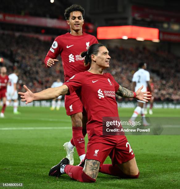 Darwin Nunez of Liverpool celebrates after scoring the first goal during the Premier League match between Liverpool FC and West Ham United at Anfield...