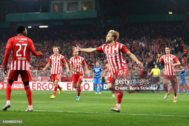 Tymoteusz Puchacz of 1.FC Union Berlin celebrates after scoring their team's first goal during the DFB Cup second round match between 1. FC Union...