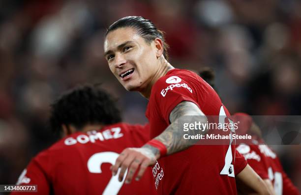 Darwin Nunez of Liverpool celebrates after scoring their team's first goal during the Premier League match between Liverpool FC and West Ham United...