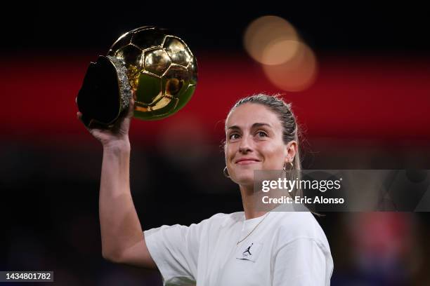 Alexia Putellas of FC Barcelona pose for a photo with the Ballon d'Or Feminin award prior to the UEFA Women's Champions League group D match between...