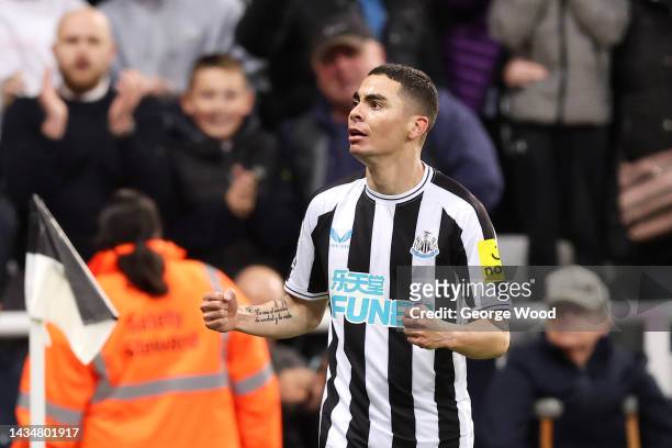 Miguel Almiron of Newcastle United celebrates scoring their side's first goal during the Premier League match between Newcastle United and Everton FC...