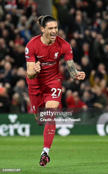 Darwin Nunez of Liverpool celebrates after scoring the first goal during the Premier League match between Liverpool FC and West Ham United at Anfield...