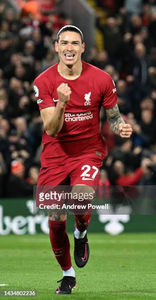 Darwin Nunez of Liverpool celebrates after scoring the first goal during the Premier League match between Liverpool FC and West Ham United at Anfield...