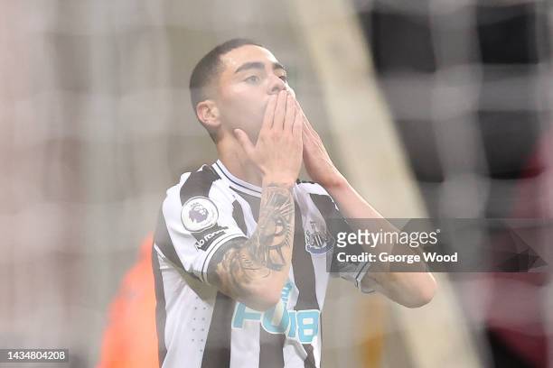 Miguel Almiron of Newcastle United celebrates scoring their side's first goal during the Premier League match between Newcastle United and Everton FC...