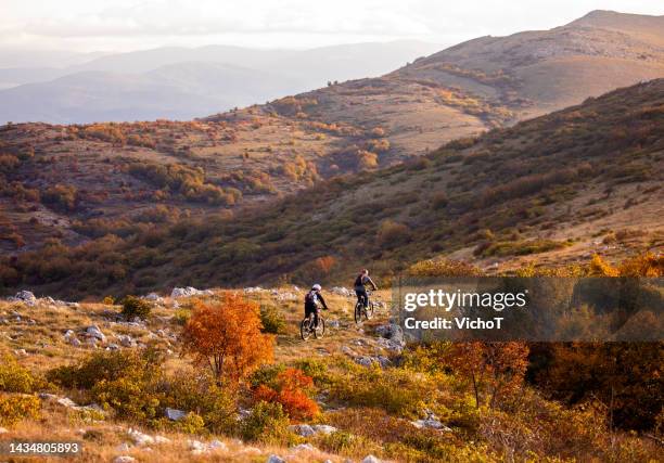 deux motards roulant dans la montagne d’automne - sentier skyline photos et images de collection