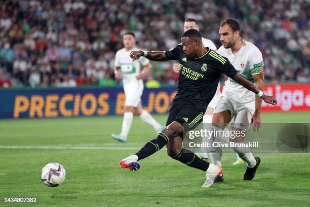 David Alaba of Real Madrid scores their sides goal later ruled offside during the LaLiga Santander match between Elche CF and Real Madrid CF at...