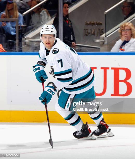 Nico Sturm of the San Jose Sharks skates against the New York Islanders at UBS Arena on October 18, 2022 in Elmont, New York.