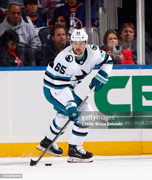 Erik Karlsson of the San Jose Sharks skates against the New York Islanders at UBS Arena on October 18, 2022 in Elmont, New York.
