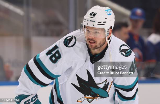 Tomas Hertl of the San Jose Sharks skates in warm-ups against the New York Islanders at UBS Arena on October 18, 2022 in Elmont, New York.