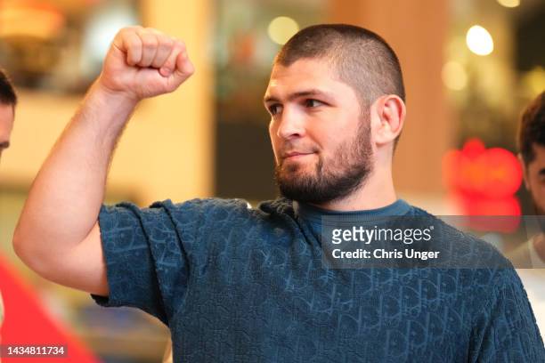 Khabib Nurmagomedov gestures to fans during the UFC 280 open workouts at Yas Mall on October 19, 2022 in Yas Island, Abu Dhabi, United Arab Emirates.