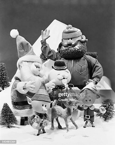 Aired 12/6/64 -- Pictured: Santa Claus, Sam the Snowman, Yukon Cornelius, elf, Rudolph the Red-Nosed Reindeer, Hermey the Elf