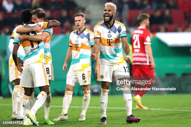 Eric Maxim Choupo-Moting of Bayern Munich celebrates scoring their side's third goal during the DFB Cup second round match between FC Augsburg and FC...