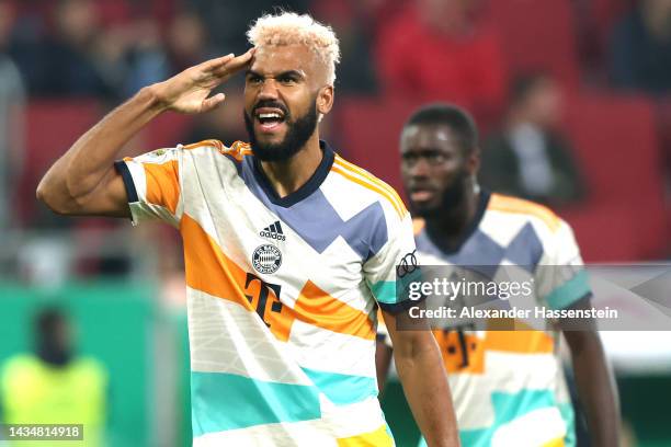 Eric Maxim Choupo-Moting of Bayern Munich celebrates scoring their side's third goal during the DFB Cup second round match between FC Augsburg and FC...