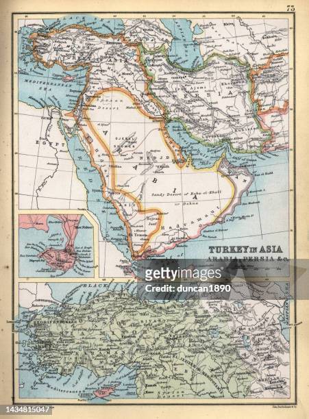 antike landkarte der türkei in asien, osmanen, arabien, persien, detail auf aden, 19. jahrhundert, 1890er jahre - middle east stock-grafiken, -clipart, -cartoons und -symbole