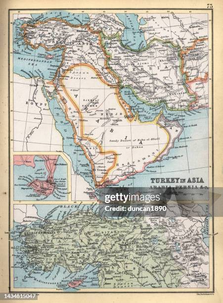 antique map of turkey in asia, ottoman, arabia, persia, detail on aden, 19th century, 1890s - persian empire map stock illustrations