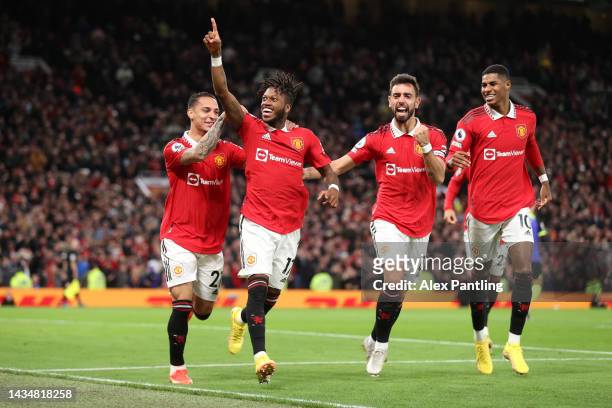 Fred of Manchester United celebrates with team mates Antony, Bruno Fernandes and Marcus Rashford after scoring their sides first goal during the...