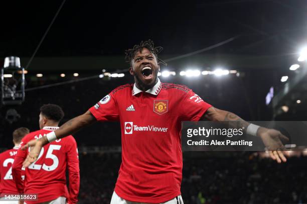 Fred of Manchester United celebrates after scoring their sides first goal during the Premier League match between Manchester United and Tottenham...