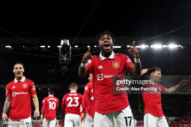 Fred of Manchester United celebrates after scoring their sides first goal during the Premier League match between Manchester United and Tottenham...