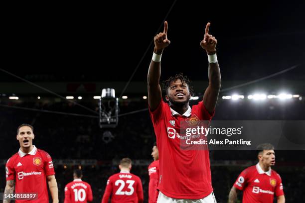 Fred of Manchester United celebrates after scoring their sides first goal during the Premier League match between Manchester United and Tottenham...