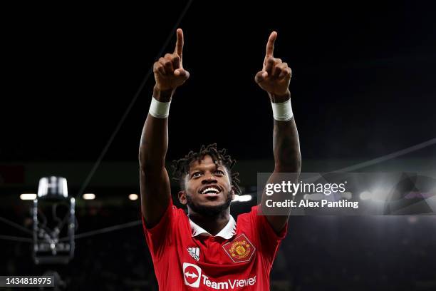 Fred of Manchester United celebrates after scoring their sides first goal during the Premier League match between Manchester United and Tottenham...