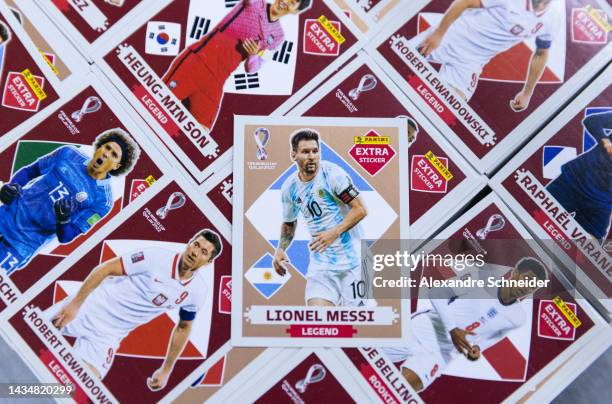 Detail of a printed sticker displayed Lionel Messi of Argentina on the production line of FIFA World Cup Qatar 2022 stickers album at Panini factory...