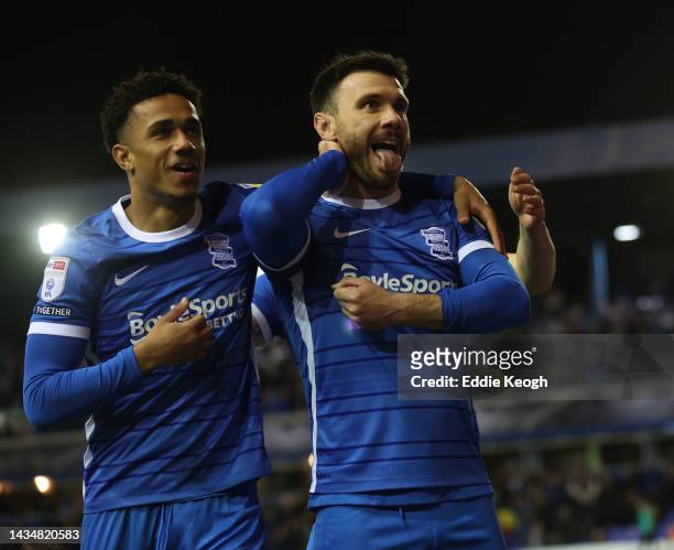 Scott Hogan of Birmingham City celebrates his goal with George Hall during the Sky Bet Championship between Birmingham City and Burnley at St...