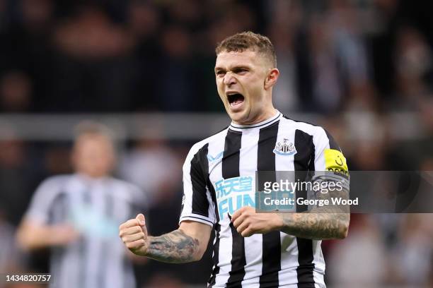 Kieran Trippier of Newcastle United celebrates their side's win after the final whistle of the Premier League match between Newcastle United and...