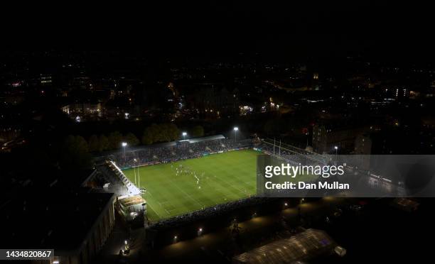 An aerial view of play during the Premiership Rugby Cup match between Bath Rugby and Bristol Bears at The Recreation Ground on October 19, 2022 in...