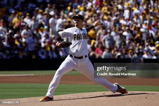 Blake Snell of the San Diego Padres pitches during the first inning against the Philadelphia Phillies in game two of the National League Championship...