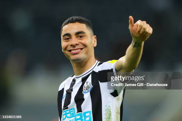 Miguel Almiron of Newcastle United celebrates following the Premier League match between Newcastle United and Everton FC at St. James Park on October...