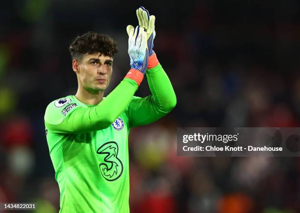 Kepa Arrizabalaga of Chelsea FC applauds the fans after the Premier League match between Brentford FC and Chelsea FC at Brentford Community Stadium...