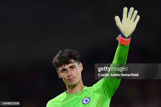 Kepa Arrizabalaga of Chelsea acknowledges the fans after their sides draw during the Premier League match between Brentford FC and Chelsea FC at...