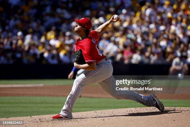 Aaron Nola of the Philadelphia Phillies pitches during the first inning against the San Diego Padres in game two of the National League Championship...