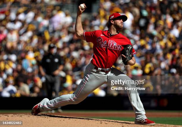Aaron Nola of the Philadelphia Phillies pitches during the first inning against the San Diego Padres in game two of the National League Championship...