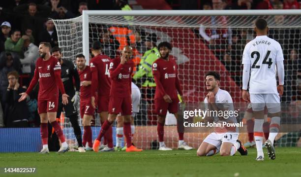 West Ham United's Declan Rice during the Premier League match between Liverpool FC and West Ham United at Anfield on October 19, 2022 in Liverpool,...