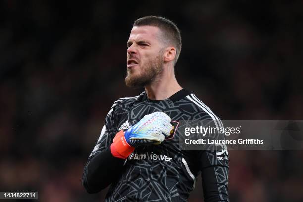 David De Gea of Manchester United celebrates after Bruno Fernandes of Manchester United scores their sides second goal during the Premier League...