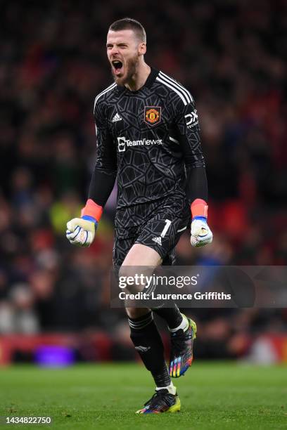 David De Gea of Manchester United celebrates after Bruno Fernandes of Manchester United scores their sides second goal during the Premier League...