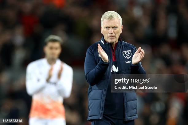 David Moyes, Manager of West Ham United applauds the fans after their sides defeat during the Premier League match between Liverpool FC and West Ham...