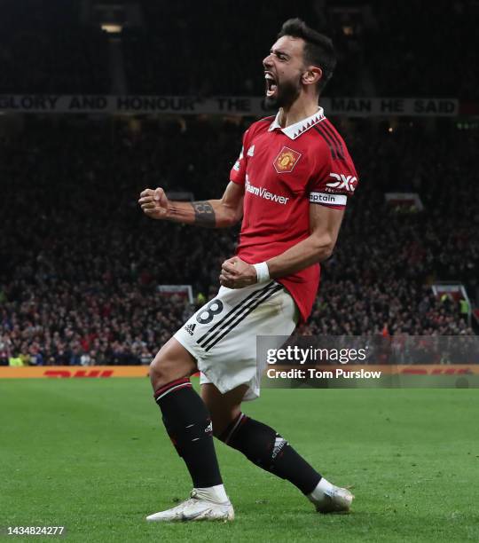 Bruno Fernandes of Manchester United celebrates scoring their second goal during the Premier League match between Manchester United and Tottenham...