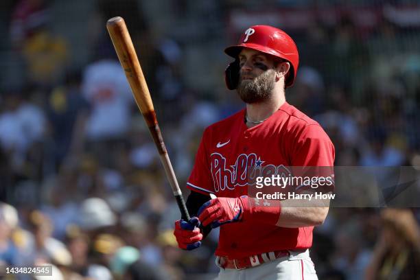 Bryce Harper of the Philadelphia Phillies stands on-deck during the second inning against the San Diego Padres in game two of the National League...