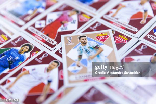 Detail of a printed sticker displayed Lionel Messi of Argentina on the production line of FIFA World Cup Qatar 2022 stickers album at Panini factory...