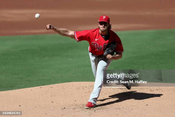 Aaron Nola of the Philadelphia Phillies pitches during the first inning against the San Diego Padres in game two of the National League Championship...