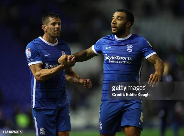 Troy Deeney and Lukas Jutkiewicz of Birmingham City after the Sky Bet Championship between Birmingham City and Burnley at St Andrew's Trillion Trophy...