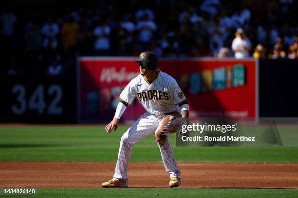 Manny Machado of the San Diego Padres leads off second base during the first inning against the Philadelphia Phillies in game two of the National...