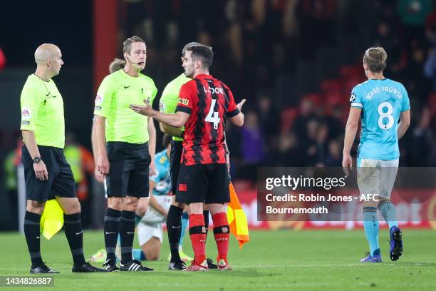 Lewis Cook of Bournemouth after his sides 1-0 defeat question Referee John Brooks during the Premier League match between AFC Bournemouth and...