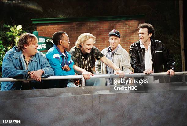 Episode 20 -- Air Date -- Pictured: Chris Farley, Tim Meadows, Jay Mohr, Adam Sandler, Norm MacDonald during "Polar Bear Cage" skit on May 13, 1995